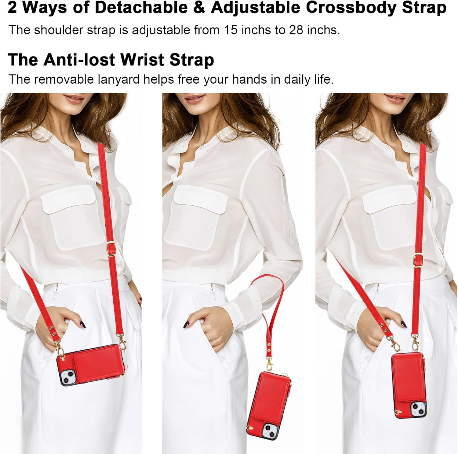 KIHUWEY Crossbody Wallet Case for iPhone 13 iPhone 14, Zipper Pocket Case with Card Holder, PU Leather RFID Blocking Protective Cover Case with Kickstand Detachable Wrist Strap Lanyard 6.1 (Red)